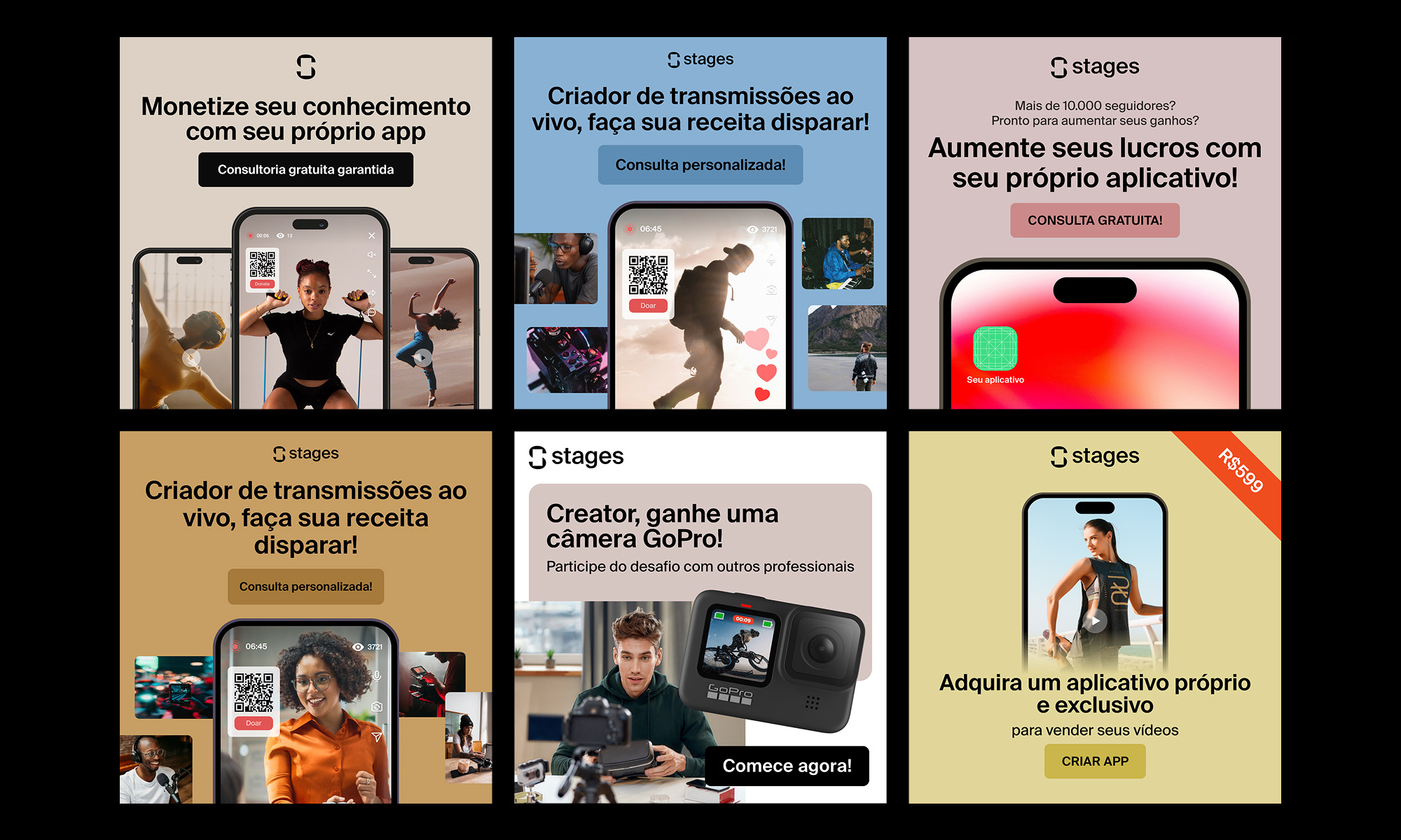 Six Stages ad creatives in Portuguese, each with the same layout and a different claim