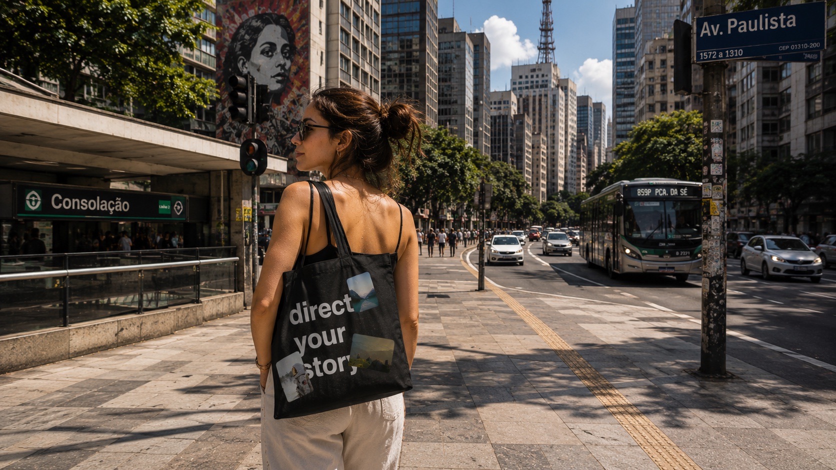 A black Stages tote bag on Avenida Paulista in Sao Paulo, printed with the slogan direct your story and decorated with iron-on stickers